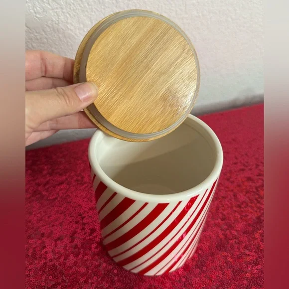2/for $20 🪩 Peppermint, Candy Cane Striped Ceramic Cookie Jar, Wooden Lid - Picture 4 of 8